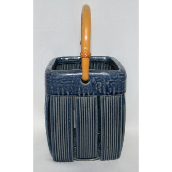 Parmentier Pottery Ceramic Basket Blue With Bamboo Handle - Picture 2 of 8